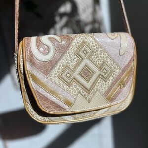 Vintage Patchwork Faux Leather Purse Bag Boho Southwest Neutral 80s Shoulder